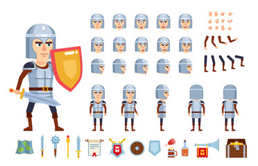 Medieval knight creation kit. Create your own pose, action, animation. Various emotions, gestures, design elements. Flat design vector illustration