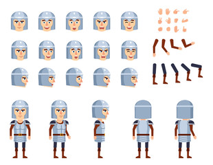 Medieval knight in armor creation set. Various gestures, emotions, diverse poses, views. Create your own pose, animation. Flat style vector illustration