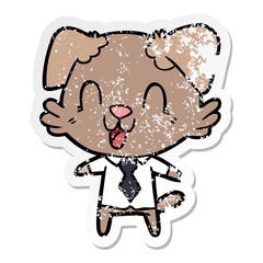 distressed sticker of a laughing cartoon dog manager