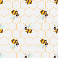 Abstract honey print. seamless pattern with Cute cartoon Bee and honeycomb