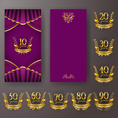 Set of anniversary card, invitation with laurel wreath, numbers. Decorative gold emblem of jubilee on purple background.