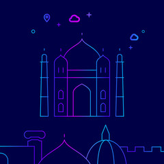 Taj Mahal, India Vector Line Icon, Illustration on a Dark Blue Background. Related Bottom Border