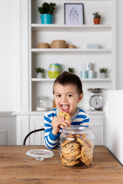 Portrait of boy eating cookies at home