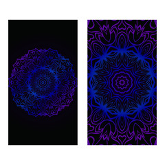 Cards Or Invitations Set With Mandala Design . The Front And Rear Side. Vector Illustration. Blue, black color