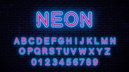 Neon blue - red letters. English alphabet. Vector Illustration