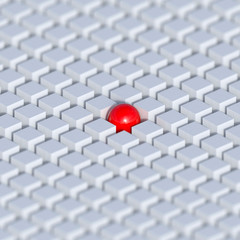 Background about individuality. Bright red sphere in a large group of white squares. Business concept image one vs many, others. 3D render illustration.
