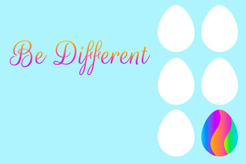 Happy easter greeting card with inscription «be different» and modern trendy eggs with bright creative neon colors and futuristic flow liquid shapes decor. Vector EPS 10 illustration.  .