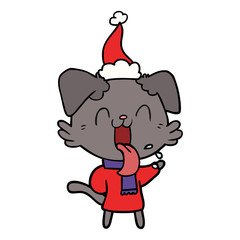 line drawing of a panting dog wearing santa hat