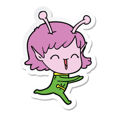 sticker of a cartoon alien girl laughing