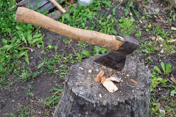 Old metal ax in trump with wood chips close up at garden 