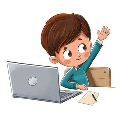 Niño con un ordenador levantando la mano en clase