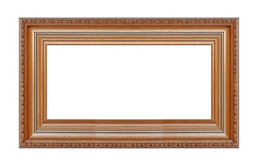 Panoramic golden frame for paintings, mirrors or photo isolated on white background