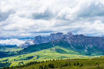 Alpe di Siusi, Seiser Alm with Sassolungo Langkofel Dolomite, a large green field with a mountain in the background