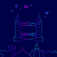Tower Bridge, London Vector Line Icon, Illustration on a Dark Blue Background. Related Bottom Border