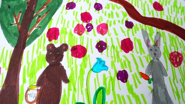 The drawing of a bear and hare in the forest.