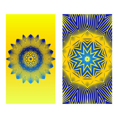 Relax Cards With Mandala Formed Flowers, Boho Style, Vector Illustration. For Wedding, Bridal, Valentine's Day, Greeting Card Invitation. Blue yellow color