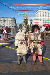 Moscow, Russia - March 2, 2019: Mummers at the Manezhnaya square during the celebration of Shrovetide. Festival "The Moscow Maslenitsa 2019"