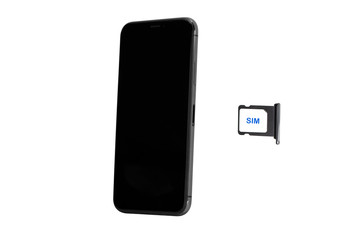 Smartphone and sim card with blank black screen - obrazy, fototapety, plakaty
