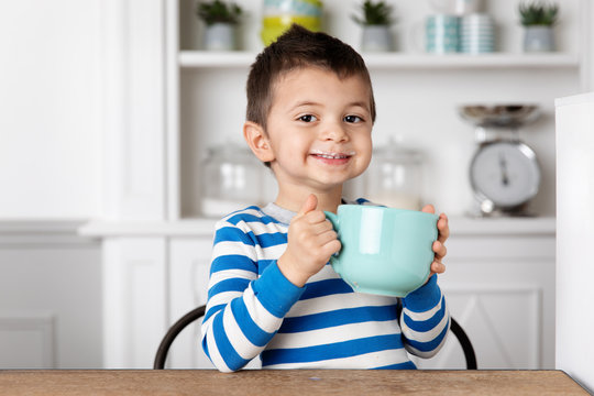 Portrait of boy with milk mustache holding cup at home