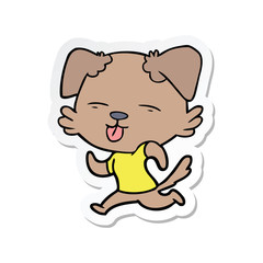 sticker of a cartoon running dog sticking out tongue