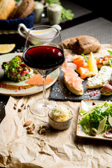 Red dry wine with appetizers. Georgian restaurant.