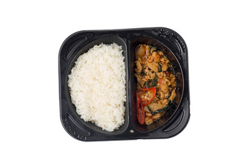 Isolated of stir-fried pork and basil in a package that can be microwave.