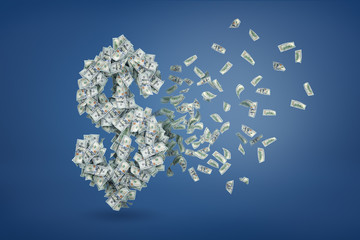 3d rendering of dollar bills floating in the air and forming a shape of a big dollar sign.
