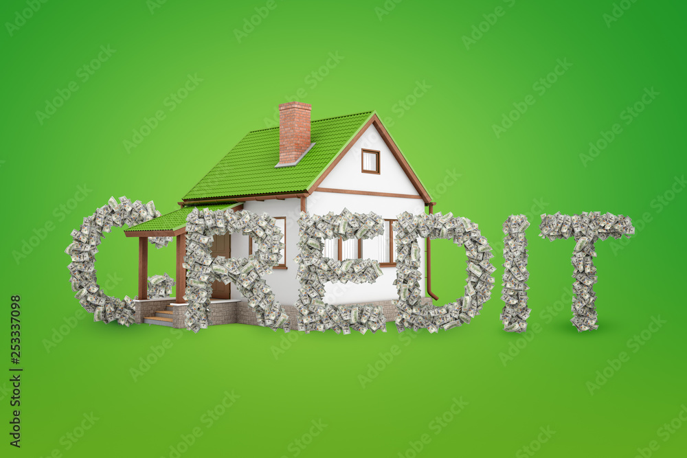 Poster 3d rendering of a detached house and lots of dollar bills forming a big title credit in front of it 