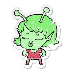 distressed sticker of a cute alien girl cartoon