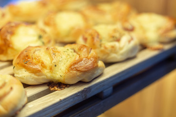 Variety of fresh bread in a supermarket