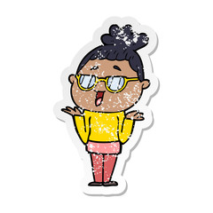 distressed sticker of a cartoon happy woman wearing spectacles