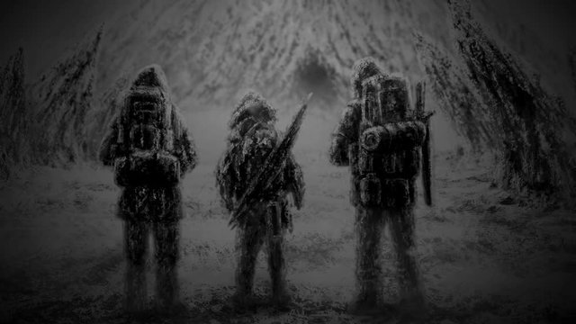 Three men stands at the entrance to the cave. Drawing digital animation. Genre of horror. Black and white background color.
