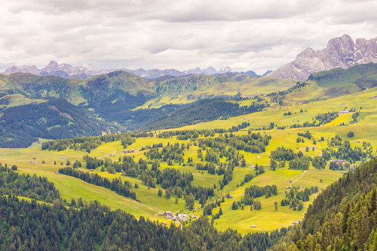 Alpe di Siusi, Seiser Alm with Sassolungo Langkofel Dolomite, a close up of a lush green field in a valley © SkandaRamana