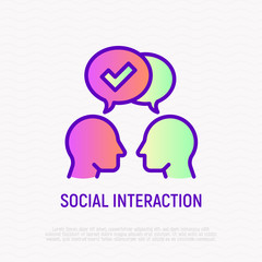 Communication and understanding each other thin line icon: two silhouettes of heads with speech bubbles with check mark. Social interaction. Modern vector illustration.