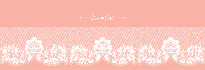 Vintage coral floral seamless lace trim header, great design for any purposes. Decorative ornate banner with flower. Modern fashion pattern. Vector abstract graphic design. Flower graphic border.