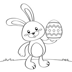Cute cartoon Easter bunny with Easter egg. Black and white vector illustration for coloring book