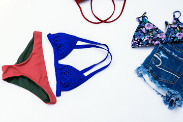 summer bikini swimsuit clothes and accessories concept.