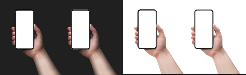Set of four smartphones, blank screen and isolated on black and white background. Template, mockup.