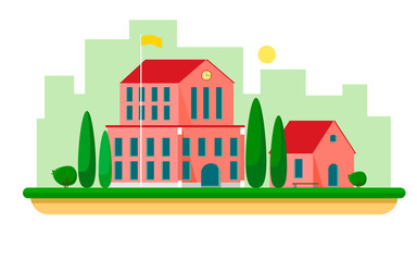 Bright flat school illustration with city silhouette and trees . Vector illustration of a flat style.