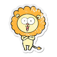 distressed sticker of a happy cartoon lion