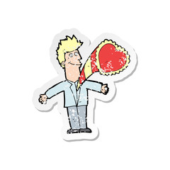 retro distressed sticker of a cartoon man with love heart