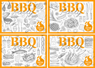Set bbq barbecue grill posters elements grilled food sausages chicken french fries, steaks fish BBQ bar vegetables party welcome.