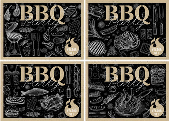 Set bbq barbecue grill posters elements grilled food sausages chicken french fries, steaks fish BBQ bar vegetables party welcome.