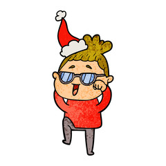 textured cartoon of a happy woman wearing spectacles wearing santa hat