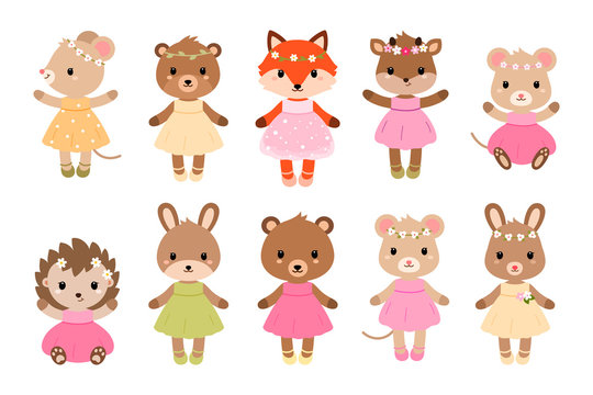 Cute dressed woodland animals in modern flat style. Vector.
