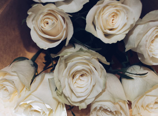close up view of white roses bouquet