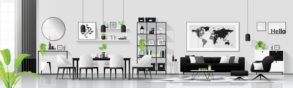Modern house interior background with living and dining room combination in scandinavian style , vector , illustration