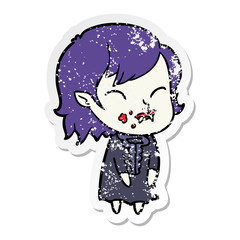 distressed sticker of a cartoon vampire girl with blood on cheek