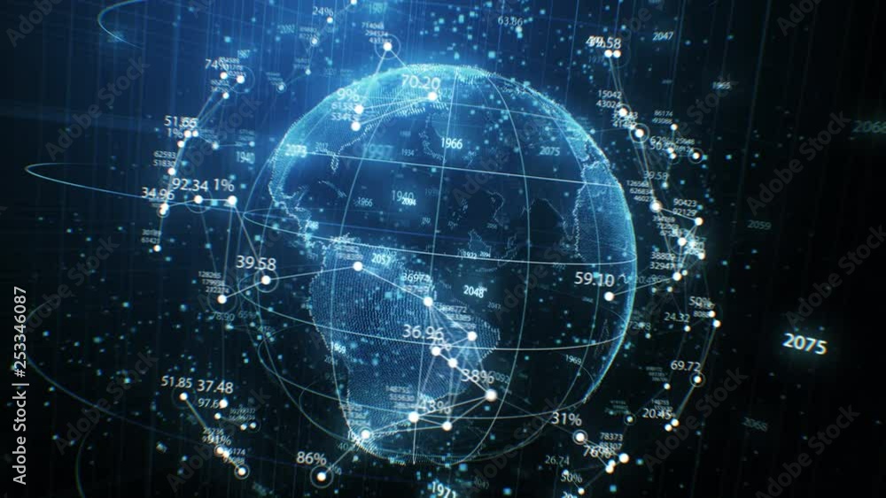 Canvas Prints earth planet hologram and network grid with numbers seamless rotation in cyberspace elements. looped