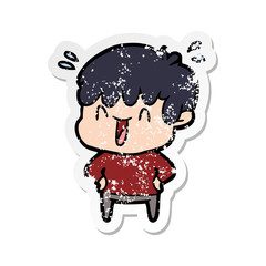 distressed sticker of a cartoon laughing boy